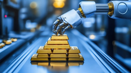 A robotic hand carefully places gold bars in a sleek, modern industrial setting, showcasing the intersection of technology and finance in a futuristic environment.の素材