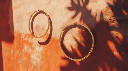 A stunning image of elegant gold hoop earrings hanging against a rustic terracotta wall, surrounded by warm natural light and soft shadows, creating a beautiful ambiance.の素材