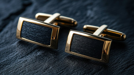 Showcase sophisticated gold cuff links featuring a unique black textured inlay resting on a dark stone surface, perfect for formal occasions.の素材