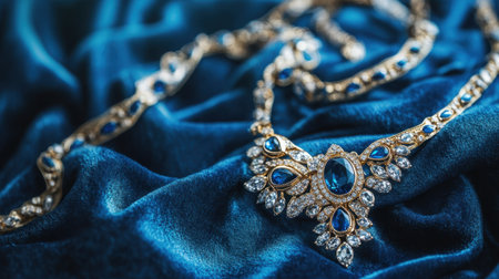 This stunning jewelry image captures an elegant blue gemstone necklace artfully displayed on a rich velvet background, highlighting luxury and beauty.の素材