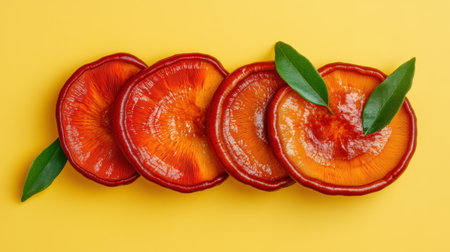 This bright and colorful image features sliced orange and red mushrooms adorned with green leaves, set against a cheerful yellow background, ideal for culinary-themed projects.の素材