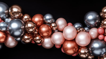 This vibrant arrangement features a mix of colorful balls in shades of pink, silver, and copper, creating a striking visual on a dark background. Perfect for decor.の素材