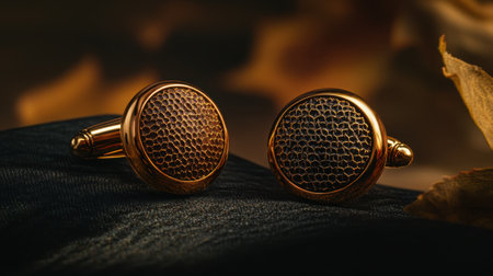 Experience the luxury of these elegant gold cufflinks featuring a unique honeycomb design, placed on dark fabric amidst autumn leaves. Perfect for formal wear.の素材