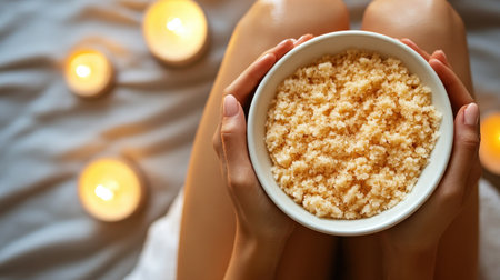 A serene scene featuring gentle hands cradling a bowl of natural scrub, surrounded by soft candlelight, promoting relaxation and self-care practices.の素材