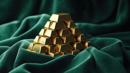 A stunning arrangement of gold bars stacked in a pyramid on a rich green velvet backdrop. The image embodies luxury, wealth, and investment potential, emphasizing the allure of precious metals. Perfect for financial themes.の素材