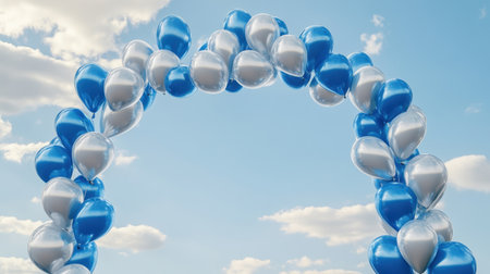 A stunning balloon arch in blue and silver colors set against a clear blue sky filled with soft, fluffy clouds, perfect for celebratory events.の素材