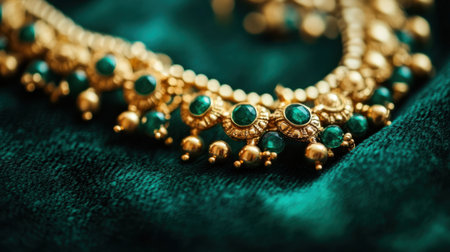 This stunning gold necklace features intricate design elements and vibrant green stones, resting elegantly on luxurious green fabric, perfect for fashion lovers.の素材