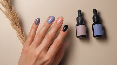 A close-up of a beautifully manicured hand showcasing pastel nail colors next to stylish dropper bottles. The composition emphasizes aesthetic beauty and self-care.の素材