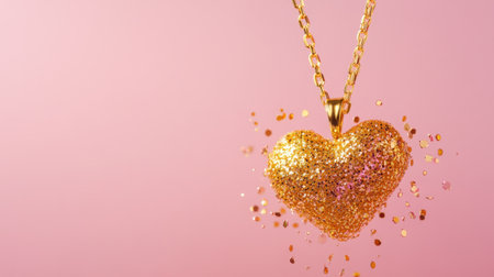 This captivating image showcases a shimmering gold heart pendant necklace embellished with glitter, set against a soft pink background, perfect for romantic themes.の素材