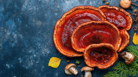 A stunning arrangement of vibrant red ganoderma mushrooms set against a rustic blue backdrop. This visual captures natural beauty, highlighting organic elements and seasonal colors, perfect for health and wellness themes.の素材