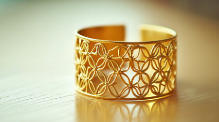 A stunning gold cuff bracelet featuring an intricate geometric pattern, elegantly displayed on a wooden surface. Perfect for highlighting craftsmanship and style.の素材