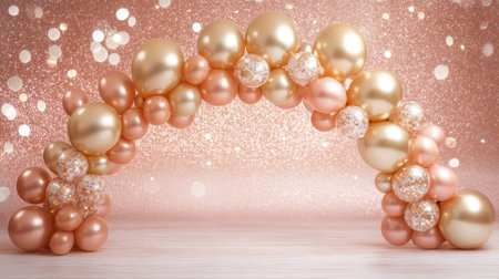 This elegant balloon arch features gold and rose gold accents, creating a stunning backdrop for any celebration or event. Ideal for birthdays, weddings, or photo opportunities, it adds a touch of sparkle and glamour to every gathering.の素材