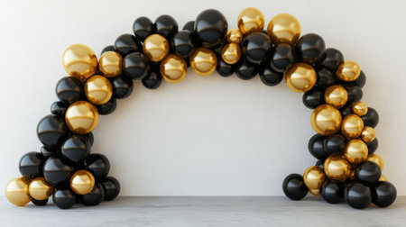 This stunning balloon arch features a luxurious combination of black and gold balloons, perfect for enhancing celebrations and special events.の素材