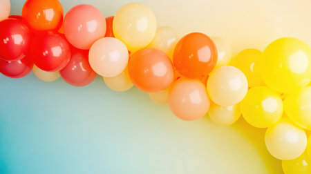 A vibrant display of a colorful balloon arch featuring shades of red, orange, yellow, and white against a soft light blue background, perfect for celebrations.の素材
