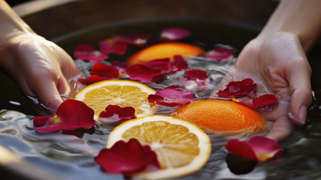 Close-up view of hands gently holding orange slices in water adorned with rose petals, evoking a sense of calm and relaxation perfect for wellness and beauty themes.の素材