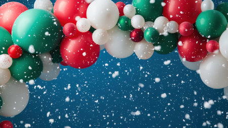 A vibrant arrangement of red, green, and white balloons set against a snowy blue background, creating a joyful and festive atmosphere perfect for holiday celebrations.の素材