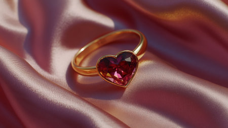 Beautiful heart-shaped ring featuring a vibrant ruby gemstone set against a soft silk background, perfect for showcasing elegance and romance in jewelry photography.の素材