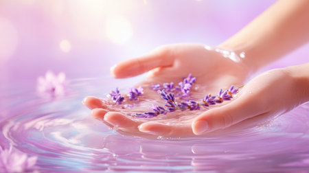 A serene image showcasing delicate hands gently holding lavender flowers in reflective water, illuminated by soft light, evoking tranquility and harmony.の素材