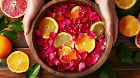 A beautifully arranged wooden bowl filled with fresh citrus slices and vibrant flower petals, creating a relaxing and aromatic centerpiece on a wooden table.の素材