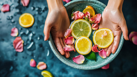 A serene composition featuring hands gently holding a bowl filled with lemon and orange slices, complemented by delicate rose petals, ideal for wellness themes.の素材