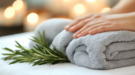 A serene spa scene featuring soft gray towels neatly stacked with gentle hands resting on top, surrounded by soothing ambient candles and fresh leaves.の素材