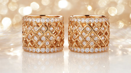 Stunning golden rings adorned with sparkling diamonds, set against a dazzling background, perfect for showcasing elegance and luxury in jewelry collection.の素材