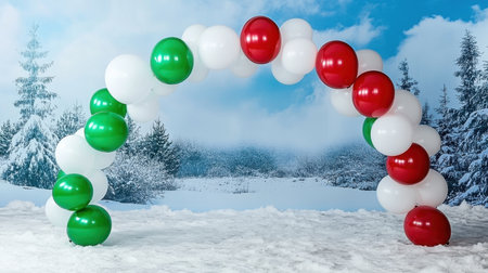 A colorful balloon arch featuring green, red, and white balloons set against a serene snowy landscape, perfect for festive celebrations and events.の素材