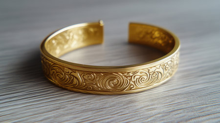 This elegant golden bracelet features intricate swirl patterns, blending modern style with timeless craftsmanship. Perfect for any occasion.の素材