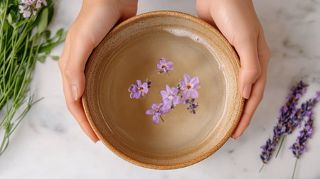 A serene top view of a pair of hands gently holding a minimalist ceramic bowl filled with water and adorned with delicate purple flowers, showcasing tranquility and natural beauty.の素材