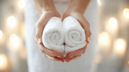 Two soft white towels are gently held in hands against a beautiful candlelit backdrop, creating an inviting atmosphere perfect for relaxation and wellness.の素材