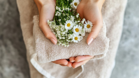 Delicate hands gently hold a soft towel wrapped around fresh white flowers, creating a serene and calming atmosphere perfect for spa treatments or self-care.の素材