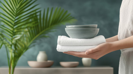 A serene spa setting featuring a hand holding stacked towels and bowls, complemented by lush greenery and soft decor, promoting relaxation and tranquility.の素材