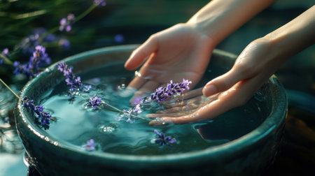 A serene image capturing hands softly touching calm water, accompanied by delicate lavender flowers, evoking feelings of peace, relaxation, and nature's beauty.の素材