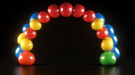 A stunning arrangement of colorful balloons creating a joyful arch on a dark background, ideal for festive decoration and celebration themes.の素材