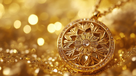 This stunning gold pendant features an intricate floral design adorned with a sparkling gem, resting against a beautifully glittering background for a luxurious appeal.の素材