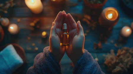 A serene image capturing hands holding a small bottle of essential oil amidst a calming atmosphere filled with candles and natural decor. Perfect for wellness and beauty themes.の素材