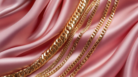 Beautiful arrangement of elegant gold chains on soft pink silk fabric, showcasing luxury and sophistication in jewelry and fashion photography.の素材