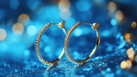 Close-up of exquisite gold hoop earrings adorned with sparkling details, set against a dazzling blue glitter background, perfect for fashion enthusiasts.の素材
