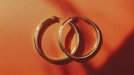 A pair of golden hoop earrings lay elegantly on a vibrant orange background, capturing the essence of modern fashion and timeless style for accessory lovers.の素材