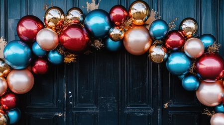 This image features a vibrant and colorful garland made of various ornaments hanging gracefully on a dark wooden door, creating a festive holiday vibe.の素材