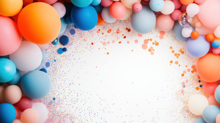 This vibrant balloon frame features an array of colorful spheres and shimmering confetti, perfect for enhancing event invitations or party visuals.の素材