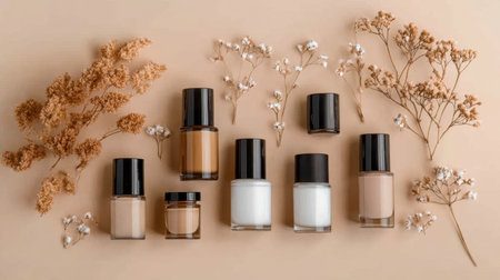 Captivating display of assorted makeup products paired with delicate flowers on a soft background, embodying elegance and minimalistic beauty.の素材