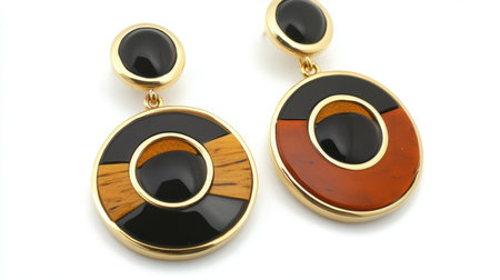 Discover these elegant vintage-inspired earrings featuring a unique geometric design with a mix of black, brown, and gold accents, perfect for any outfit.の素材