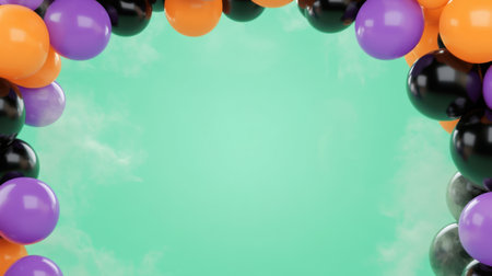 This image features a vibrant balloon arch made of orange, purple, and black balloons on a light green background, perfect for celebrations and events.の素材