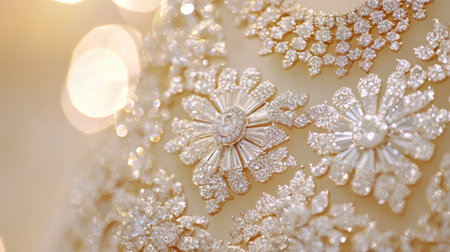 This captivating close-up captures intricate and sparkling embellishments on a wedding dress, showcasing the beauty and artistry of bridal fashion.の素材