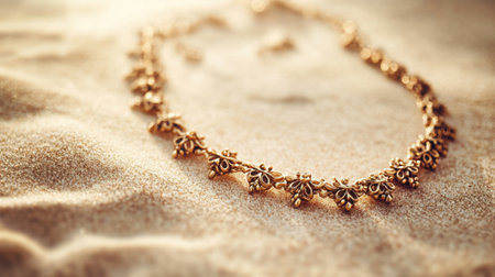 This enchanting image features an elegant gold necklace resting on soft sand, showcasing its intricate floral design. The warm light enhances its beauty and allure.の素材