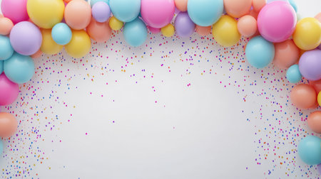 This image features a vibrant arrangement of colorful balloons along with scattered confetti, creating a joyful atmosphere perfect for parties and celebrations.の素材