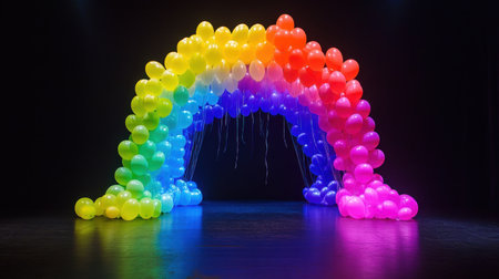 A stunning arch made of multicolored balloons creates a joyful atmosphere, enhanced by brilliant neon lights against a dark backdrop, perfect for events.の素材