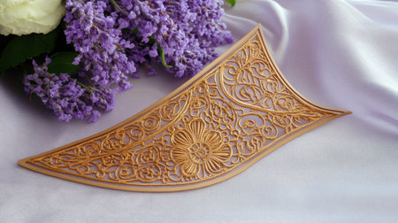 A beautifully carved wooden decorative piece with an intricate floral design, resting on soft fabric, accompanied by delicate lavender flowers in a serene arrangement.の素材