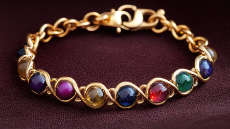 This elegant gold bracelet features an array of colorful gemstones, perfect for adding a touch of sophistication to any outfit. Its unique design showcases exquisite craftsmanship and artistic detail, making it an ideal choice for jewelry enthusiasts and a thoughtful gift for loved ones.の素材
